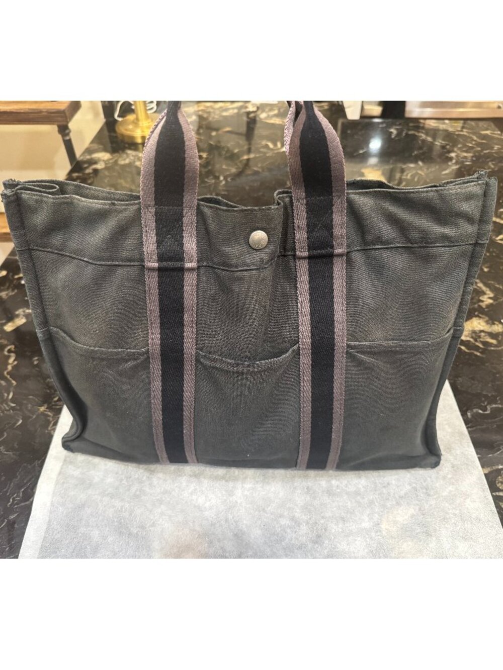 Hermes Fourre Tote Black Canvas Large with COA